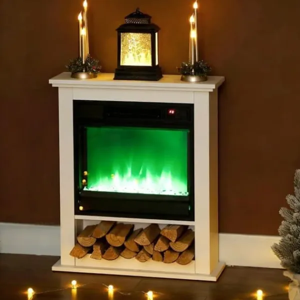 Radiatorer>El-komfur med realistiske flammer, 9 farver, dæmpbar lysstyrke, 1800 W, fjernbetjening og timer, hvid