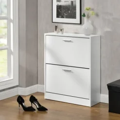 [en.casa] ® Skoskab - 63x24x81cm - 2 skuffer - plads for 12 par sko - hvid Clearance