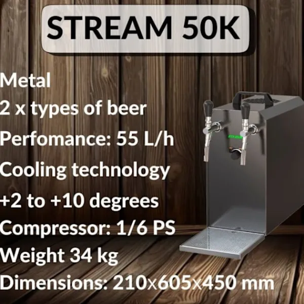 Ølhaner>fadølsanlæg STREAM 50K med luftpumpe, ølkasse, gennemstrømningskøler 2-linjers tørkøler , op til 55 liter/h - SORT UDGAVE, KEG 2:Type A, KEG:KeyKeg