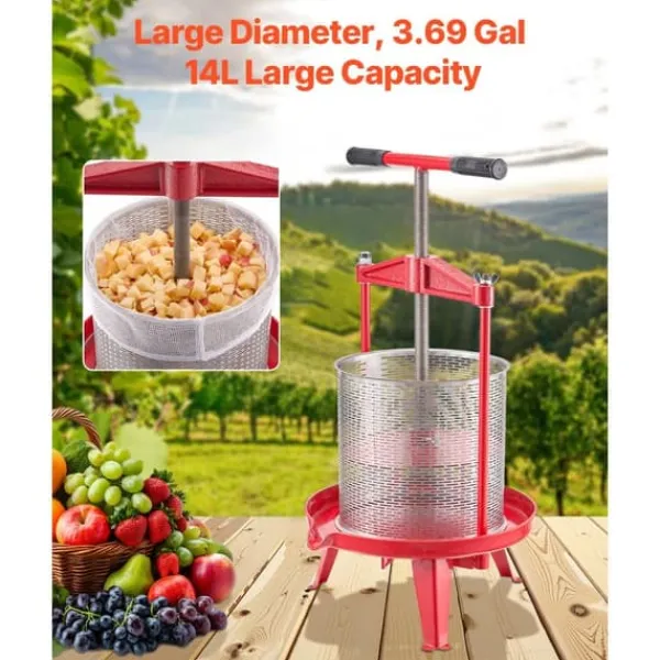 Frugtvinpresse, Manuel Presse til Vinfremstilling, 3,69 Gal/14L, Rustfrit Stål Clearance