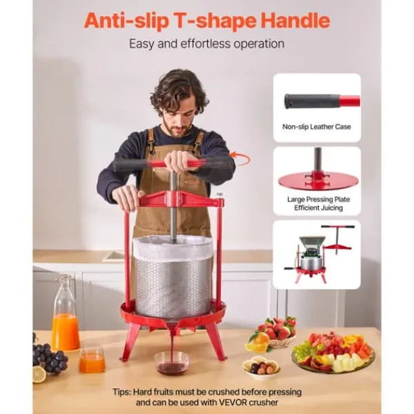 Frugtvinpresse, Manuel Presse til Vinfremstilling, 3,69 Gal/14L, Rustfrit Stål Clearance