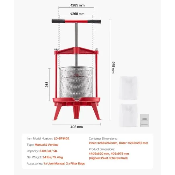 Frugtvinpresse, Manuel Presse til Vinfremstilling, 3,69 Gal/14L, Rustfrit Stål Clearance