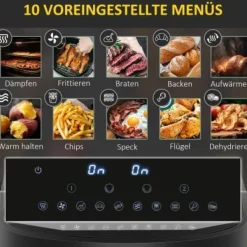Fuleadture 8L Airfryer med dobbeltkammer, Air Fryer 10 programmer, berøringskontrol og opskrifter sort Clearance