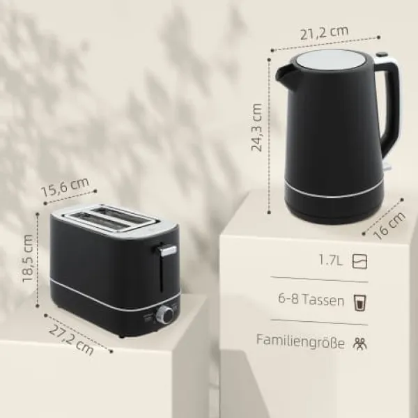Brødristere, Raclettegrills Og Sandwichtoastere>Fuleadture Morgenmadssæt Kedel 1,7L & Brødrister 2 skiver, Optøning & Varme, Sort