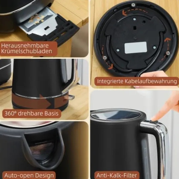 Brødristere, Raclettegrills Og Sandwichtoastere>Fuleadture Morgenmadssæt Kedel 1,7L & Brødrister 2 skiver, Optøning & Varme, Sort