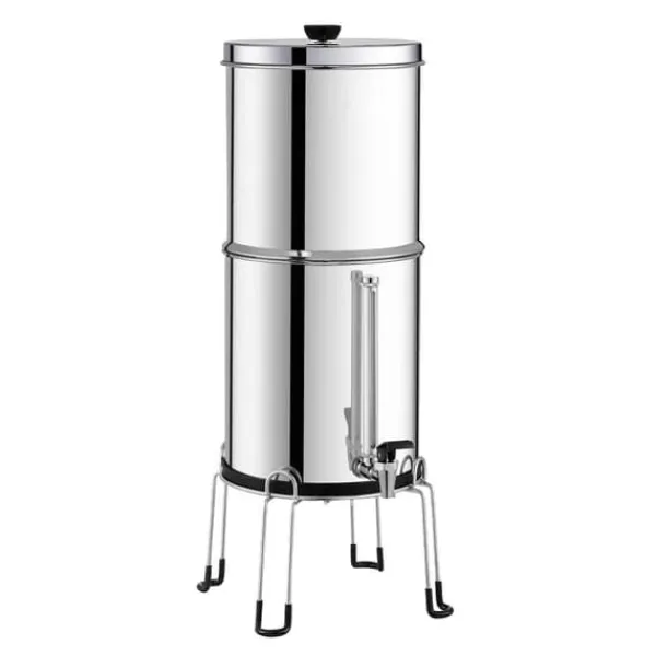 Vandfiltre>2.25G Tyngdekraft Vandfilter Bordplade System, Rustfrit Stål, 4 Filtre, Effektiv Vandrensning, Pladsbesparende Design