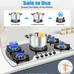 Kogeplader>Gaskogeplade - Indbygning - 91 cm - 5 Brændere - Naturgas/LPG - Flammevagt - Hærdet Glas - Sort