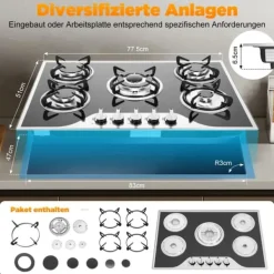 Kogeplader>Gaskogeplade - Indbygning/Bordplade - 5 Brændere - Hærdet Glas - Støbejernsriste - Elektronisk Tænding - LPG/Naturgas