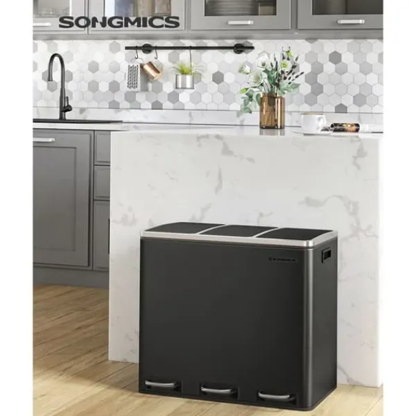 Genbrugsspand, 3 x 18 L tredobbelt køkkenspand, pedalspand med 3 rum og soft-close-låg, indvendige plastspande og håndtag, sort LTB54BK Clearance