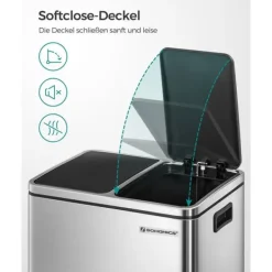 Genbrugsspand, 2 x 15L stålaffaldsspand, trappespand med indvendig spand og håndtag, til køkkenet, blød lukning, lufttæt, sølv og sort LTB30H Discount