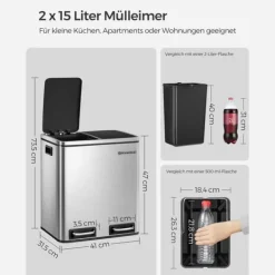 Genbrugsspand, 2 x 15L stålaffaldsspand, trappespand med indvendig spand og håndtag, til køkkenet, blød lukning, lufttæt, sølv og sort LTB30H Discount