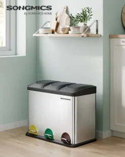 Genbrugsspand, pedalspand, 45-liters metalskraldespand, affaldssorteringssystem til køkken, holdbar, 3 x 15 liter, rustfrit stål, sølv og sort LTB45L | CDON Outlet