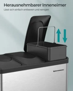 Genbrugsspand, pedalspand, 45-liters metalskraldespand, affaldssorteringssystem til køkken, holdbar, 3 x 15 liter, rustfrit stål, sølv og sort LTB45L | CDON Outlet