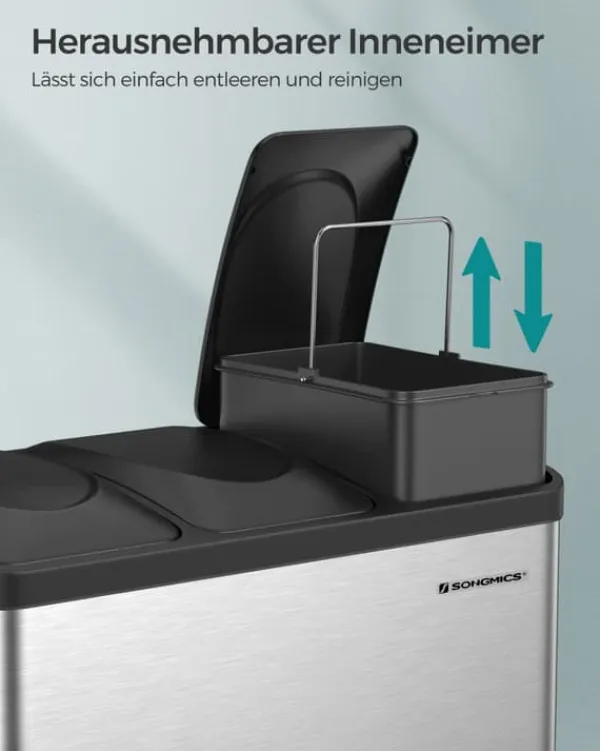 Genbrugsspand, pedalspand, 45-liters metalskraldespand, affaldssorteringssystem til køkken, holdbar, 3 x 15 liter, rustfrit stål, sølv og sort LTB45L | CDON Outlet