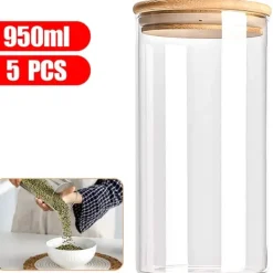Glas Opbevaringskrukker med Tætsluttende Bambuslåg, 950ml Kapacitet, Sæt af 5,950 ml, 1-niveau Sale