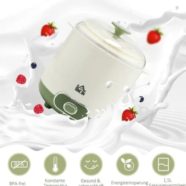 Græsk yoghurtmaskine, 1,5 liter med 2 glaskrukker og si, 20 W, til 3-5 personer, hvid Online