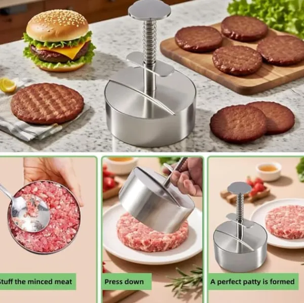 Hamburgerpresse i rustfrit stål 304 – justerbar og holdbar kødpresse, non-stick form til perfekte burgere Clearance