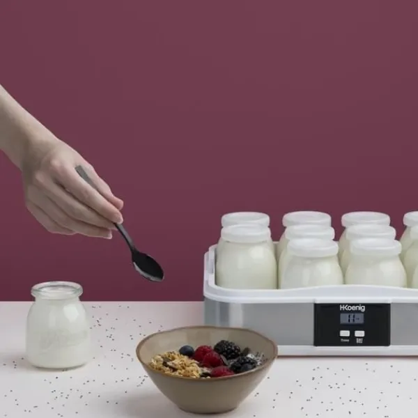 Yogurtmaskiner>HKoeNIG Yoghurtmaskine - ELY120 - Kapacitet 12 bægre à 160 ml - Programmerbar op til 15 timer - 15 W