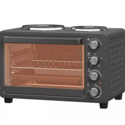 Grill-Ovne & Ovn Med Roterende Stegespyd>HOMCOM Miniovn med Kogeplader 28L, Sort - Multifunktionel ovn med 2 kogeplader, grill, 2600W, 100-230°C, timer, inkl. tilbehør