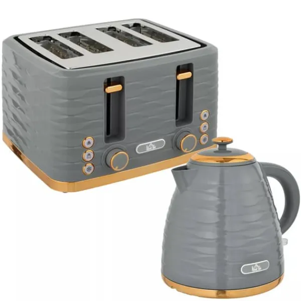 Brødristere, Raclettegrills Og Sandwichtoastere>HOMCOM Morgenmads-sæt: Elkedel (1,7L) og Brødrister (4 skiver) i elegant grå - perfekt til ethvert køkken