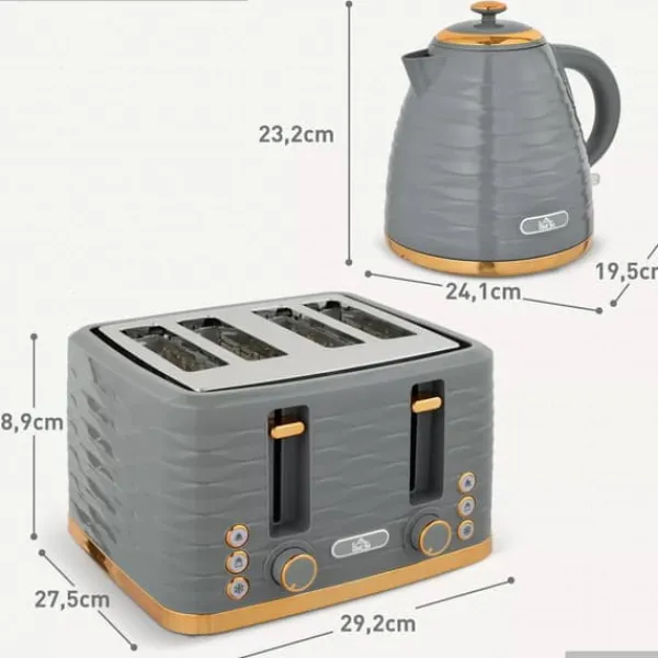 Brødristere, Raclettegrills Og Sandwichtoastere>HOMCOM Morgenmads-sæt: Elkedel (1,7L) og Brødrister (4 skiver) i elegant grå - perfekt til ethvert køkken