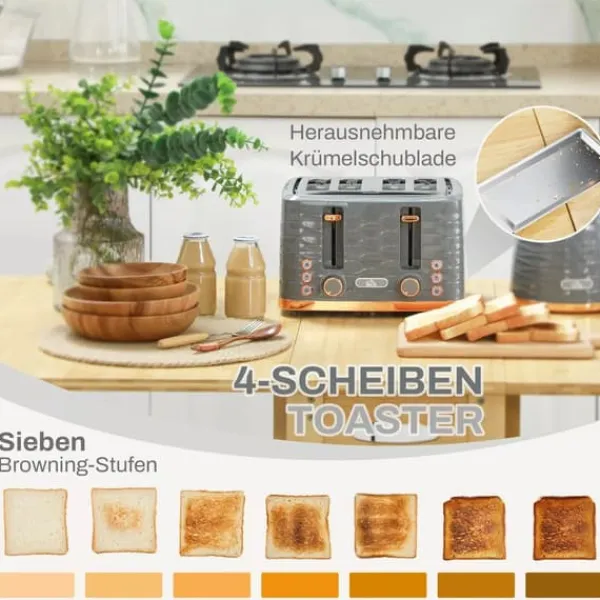 Brødristere, Raclettegrills Og Sandwichtoastere>HOMCOM Morgenmads-sæt: Elkedel (1,7L) og Brødrister (4 skiver) i elegant grå - perfekt til ethvert køkken