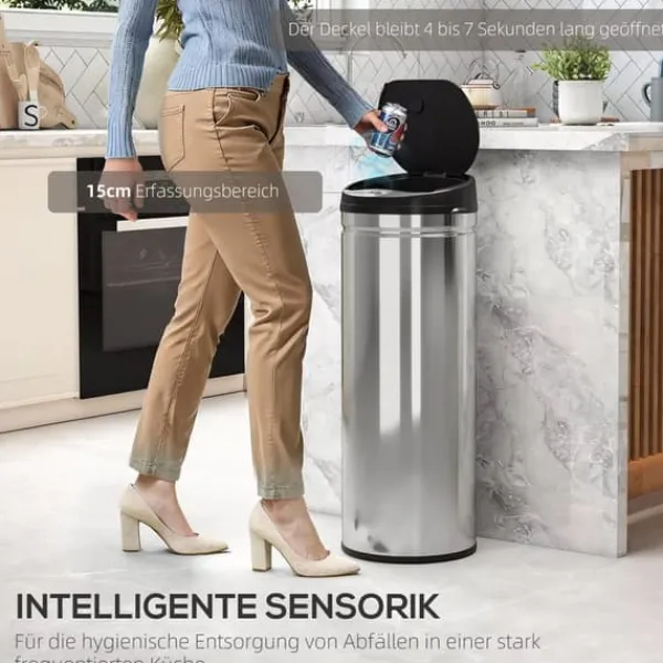 Skraldespande & Papirkurve>HOMCOM sensor skraldespand 50L, rustfrit stål, sølv, berøringsfri, soft-close