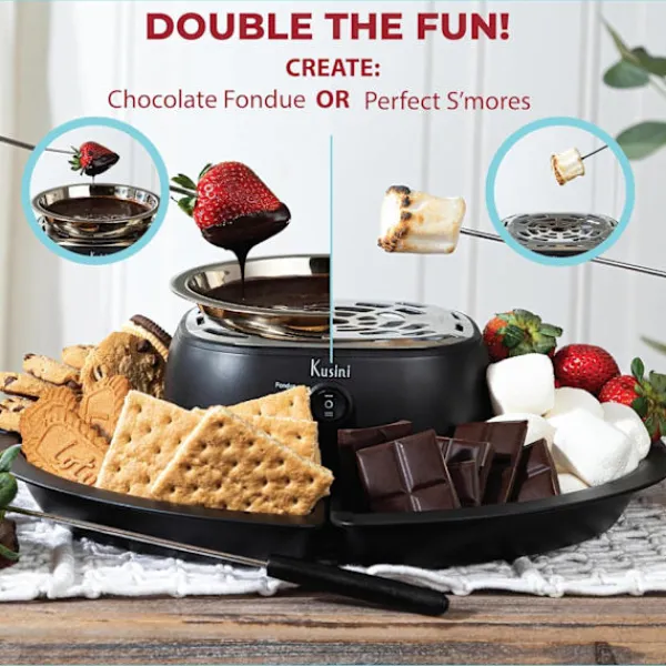 2-i-1 Elektrisk Fondue & Smores Maker Sæt – Smelt Chokolade, Indendørs Sæt med 4 Grillpinde & Aftagelige Bakker Online