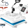 Damppresser>5-i-1 Varmepresse Maskine, 12"x 15" Teflon-belagt Plade, Dobbelt-Rør Opvarmning,Hvid