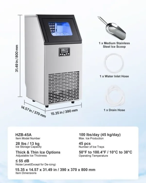 IJsblokjesmachine - Commerciële IJsmachine - Capaciteit 45 kg/dag - Opslag 13 kg - Vrijstaand of Onderbouw - RVS - LED-display - Zelfreinigend New