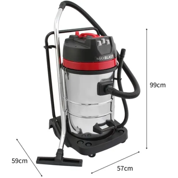 Industriel Støvsuger 80L Våd & Tør 4 Mundstykker Kommerciel Rengøring 3000W Tredobbelt Motor Rustfrit Stål Stof Filter 1,5 m Slange 9 m Ledning Poselø | CDON Clearance