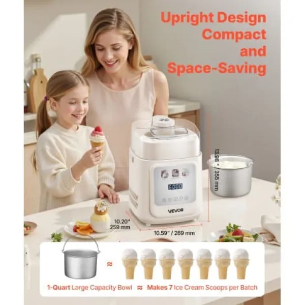 Ismaskine, Opretstående automatisk med indbygget kompressor, 25.9x26.9x35.5 cm, Frossen yoghurtmaskine Outlet