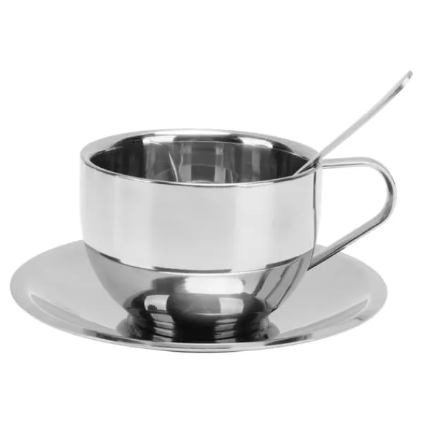 Kaffe- & Teservicer>Isoleret kaffekopsæt i rustfrit stål - 180 ml dobbeltvægget krus med underkop og ske