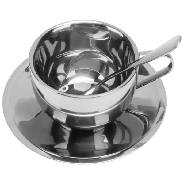 Kaffe- & Teservicer>Isoleret kaffekopsæt i rustfrit stål - 180 ml dobbeltvægget krus med underkop og ske