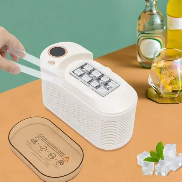 Isproducenter>Isterningemaskine - Mini bordmodel - Kompakt - 12V bilkabel - Til hjem, bil og rejse - Med tang - Hvid