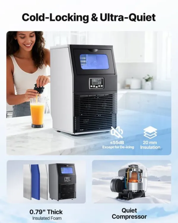 Isproducenter>Isterningemaskine - Professionel Fritstående - 40,8 kg/døgn - 5,4 kg Isbeholder - 32 Isterninger/Cyklus - LED-Display - Selvrensende - Rustfrit Stål | CDON
