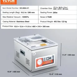 Vakuumpakkere>Kammer vakuumforsegler, forsegling længde 10,2 tommer, kammerstørrelse 12,99 x 10,63 tommer, effekt 260W,DZ-260A