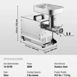 Madkværne & Kødhakker>Kødhakker, 1000-1300W Motor, Rustfrit Stål Konstruktion,5Lbs 5size