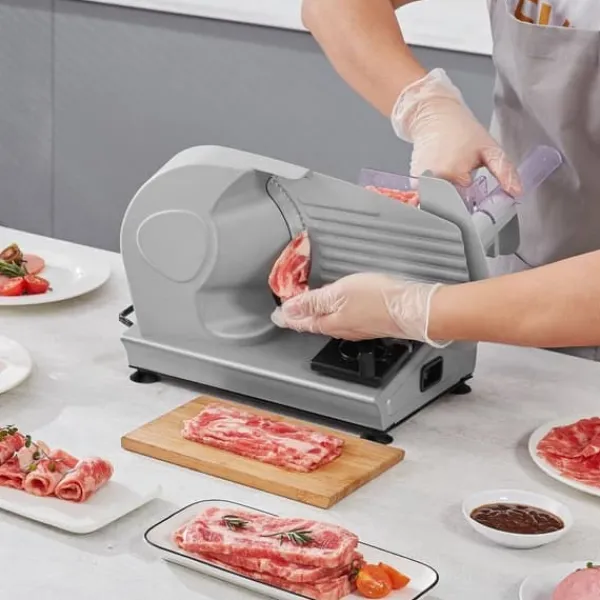 Kødskærer, 180 W elektrisk Deli Food Slicer med 7,5" rustfrit stål klinge. Justerbar tykkelse til skæring af kød, brød, skinke og ost. Let at rengøre. | CDON Outlet