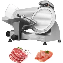 Kødskærer 340 W med 10" SUS420 rustfrit stålblad og slibesten. Justerbar tykkelse 0-0,6”, perfekt til kød og ost, både til hjemme- og erhvervsbrug. Discount