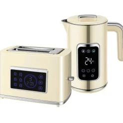 Elkedel>Kedler og brødrister med LED-touchskærm, 1,7 L, 2 skiver, forskellige tilstande og funktioner, cremehvid