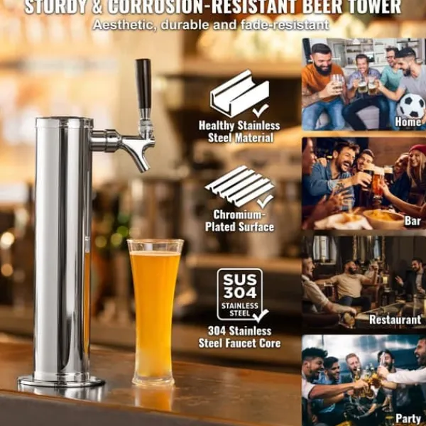 Ølhaner>Kegerator Tower Kit, Enkelt Tap Øl Konverteringskit, Rustfrit Stål Keg Øl Dispenser med Dual Gauge W21.8 Regulator & S-System Keg Coupler