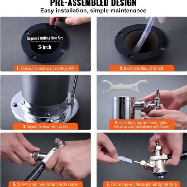 Ølhaner>Kegerator Tower Kit, Enkelt Tap Øl Konverteringskit, Rustfrit Stål Keg Øl Dispenser med Dual Gauge W21.8 Regulator & S-System Keg Coupler