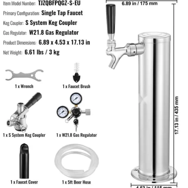Ølhaner>Kegerator Tower Kit, Enkelt Tap Øl Konverteringskit, Rustfrit Stål Keg Øl Dispenser med Dual Gauge W21.8 Regulator & S-System Keg Coupler