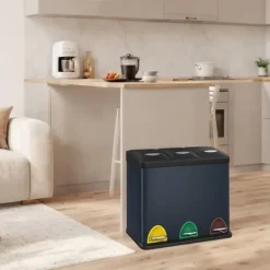 Affaldssorteringsspande>Køkkenaffaldsspand, 3 x 8 L, lille kapacitet, 47 x 28,3 x 39,5 cm (L x B x H) - Totalhøjde (med åbent låg): 63,5 cm - Mål pr. indvendig spand: 14 x 1 | CDON