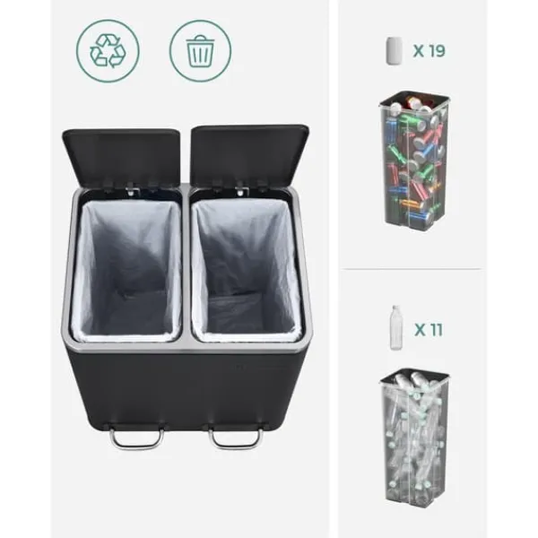 Køkkenaffaldsspand, 2 x 15 L stålaffaldsspand, trappespand med indvendige spande og håndtag, blød lukning, lugtforsegling, sort LTB30BK Online