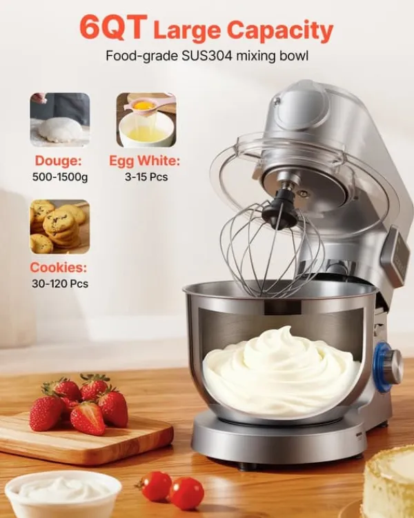 Mixere & Blendere>Køkkenmaskine - Røremaskine med blender - Skål 5,7 L - Effekt 1500 W - Hastighedstrin 6+ - Vippehoved - Blender 1,5 L - Skål i rustfrit stål - Sølv