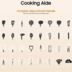 Køkkenredskabssæt - 40 dele - Nylon & rustfrit stål - Varmebestandigt - Skånsom mod non-stick - Med ophæng - Sort Outlet