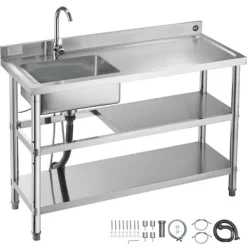 Køkkenvask i rustfrit stål - Fritstående model med enkel kumme - Vandhane med varmt/koldt vand - Dobbelt opbevaringshylde - 120 x 50 x 94 cm New