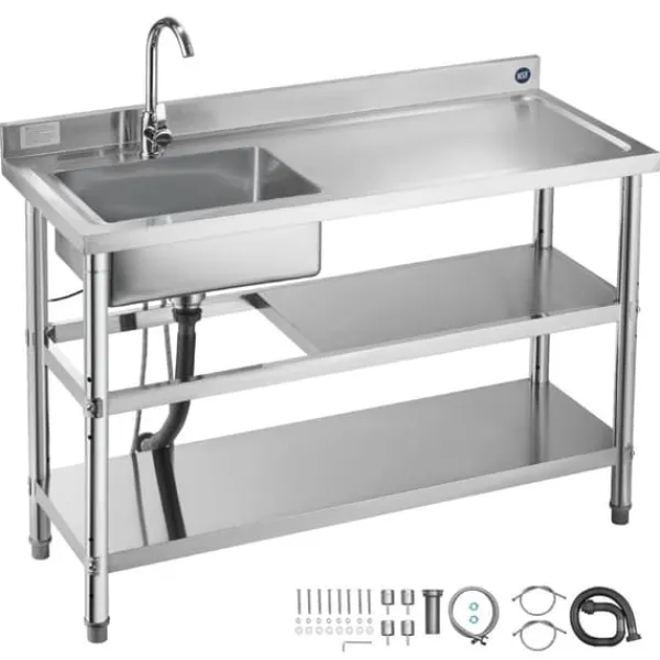 Køkkenvask i rustfrit stål - Fritstående model med enkel kumme - Vandhane med varmt/koldt vand - Dobbelt opbevaringshylde - 120 x 50 x 94 cm New